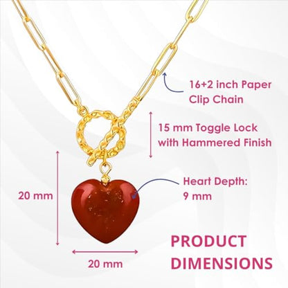 Gempires Gemstone Heart Pendant Necklace for Women, Gold Toggle Birthstone | Handmade gemstone heart pendant necklace — choose from 11 stones and birthstones, gold toggle paperclip chain. - color: Red Jasper