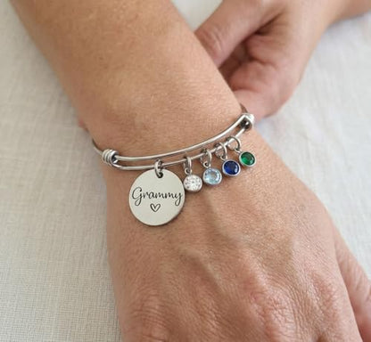 Custom Grandma Bracelet with Birthstones – Personalized Name Engraved Stainless Steel Bangle with 1-12 Birthstone Charms – Adjustable Wire Bracelet Gift for Mom, Grandma, Nana, Mimi