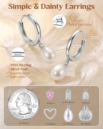 FIBO STEEL 14K Gold Plated Hoop Earrings with Charms for Women Huggie Hoops | Hypoallergenic 925 Sterling Silver Post Dangle Earrings Small Silver Gold Hoops Earring Cubic Zirconia Dangle Drop Jewelry - color: Pearl - Silver Plated