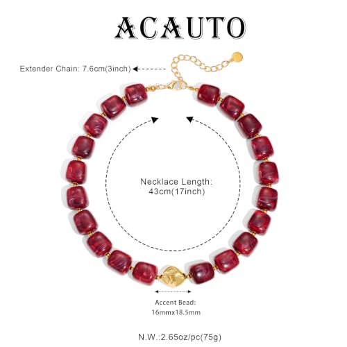 Chunky Beaded Necklace for Women,Square Resin beads boho Choker Necklace with gold-tone spacers,Fashion Trendy Summer Beach Party Necklaces Handmade Surfer Beach Necklaces Jewelry Gifts - color: Burgundy