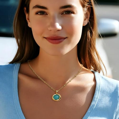 Jean Beau Gold Stone Pendant Necklaces for Women, Chunky Gemstone Dangle Necklace Wedding Prom Fashion Jewelry Gift - color: Amazonite Blue