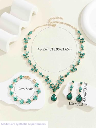 Kamirola Bridal Jewelry Set, Jewelry Set for Women, Necklace Dangle Earrings Bracelet Set, White Gold Plated (TR76) - color: Green
