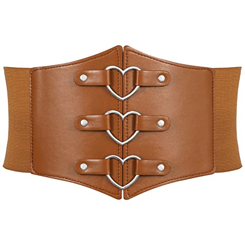 Women Corset Belt Heart Wide Elastic Waist Belt for Daily Halloween Costume | Metal Heart-Ring Decor, 4.5" Wide Waist Corset, 3 Silver Snap, Pirate Corset Belt for Renaissance Cosplay Outfits - color: Heart Brown, size: 32" fit waist: 29" -34"