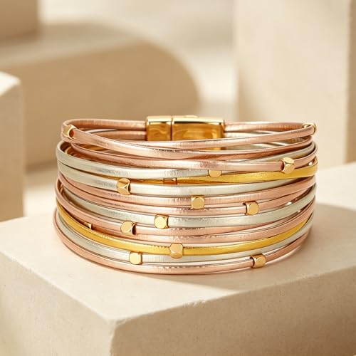 hotoo Leather Wrap Bracelet for Women - color: Multi-Strand (Mixed Gold)