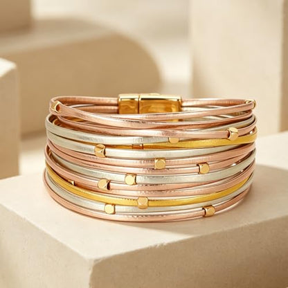 hotoo Leather Wrap Bracelet for Women - color: Multi-Strand (Mixed Gold)