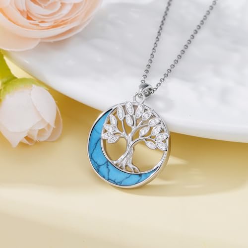 925 Sterling Silver Turquoise Moon Pendant Necklace for Women, Snake/Flower/Bow/Tree of Life/Star Moon Necklace, Dainty Jewelry for Daily Wear & Gifts - style: Style 1
