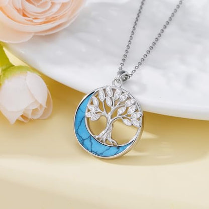 925 Sterling Silver Turquoise Moon Pendant Necklace for Women, Snake/Flower/Bow/Tree of Life/Star Moon Necklace, Dainty Jewelry for Daily Wear & Gifts - style: Style 1