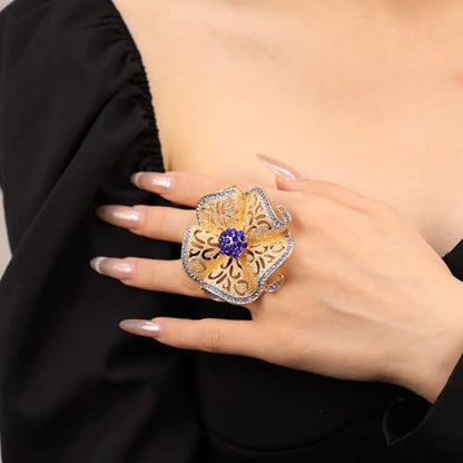 Elegant Big Crystal Flower Ring for Women Gold Rhinestone Floral Rings Open Finger Adjustable Crystal Flower Statement Ring Jewelry for Bridal Wedding - color: Flower 1 - blue