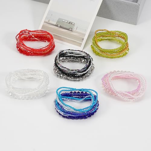 Bohemian Colorful Crystal Glass Beads Seed Beaded Bracelet Handmade Adjustable Stackable Elastic Strand Bangle for Women Summer Beach Hawaii Boho Wristbands Jewelry - color: clear pink