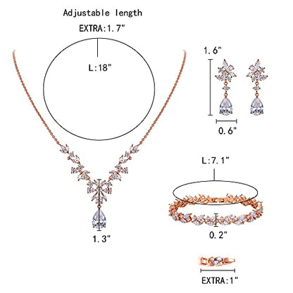 EleQueen Women's Wedding Bridal Jewelry Set for Brides Bridesmaids, Silver/14K Gold/Rose Gold Plated Cubic Zirconia Teardrop Necklace Dangle Earrings Bracelet Sets for Party Prom - color: 03-Rose Gold-Necklace+Earrings+bracelet