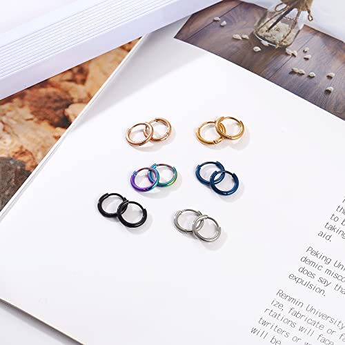 Osayia 316L Surgical Stainless Steel Small Hoop Earrings 8mm 10mm 12mm Hypoallergenic Huggie Thin Hoop Earrings Helix Lobes Hinged Sleeper Earrings Men Women for Cartilage Piercings - color: A: Diameter 8mm (6 Color),6 Pairs