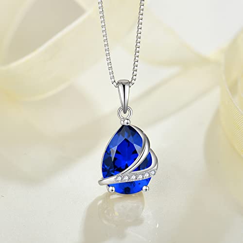 Birthstone Pendant Necklace 925 Sterling Silver Teardrop Jewelry for Women - color: Royal Blue