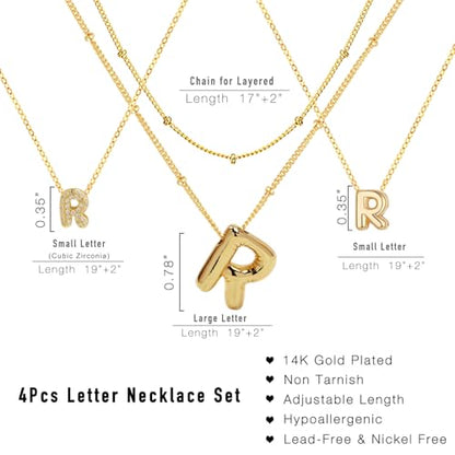 stino 4PCs Bubble Initial Letter Necklace Set, No Tarnish 14K Gold Plated Alphabet Pendant, Jewelry for Women - style: R