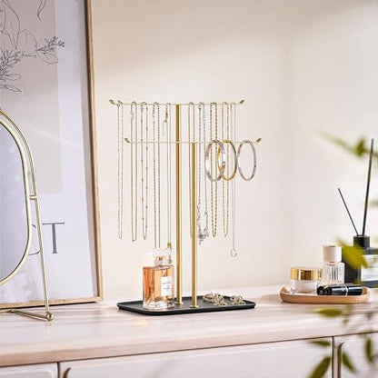 pickpiff Necklace Holder Jewelry Organizer Stand – 2‑Tier T‑Bar Jewelry Display Tree with Tray for Countertop Necklace Bracelet Earring Storage, Vanity Dresser Bathroom Sink, Black-Gold - color: Black-Gold