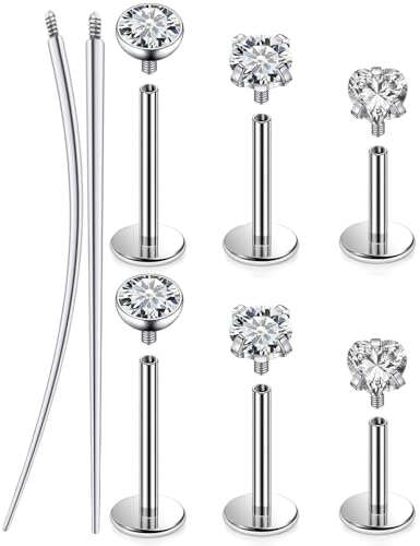 20G 18G 16G F316 Titanium Flat Back Nose Rings Studs Hypoallergenic Screw on Tragus Helix Cartilage Earrings Stud Piercing Jewerly for Women Men Bars 6mm - style: 16G Flat Back Nose Studs-6mm 8mm 10mm Bars-3mm CZ
