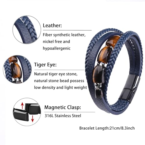 Mens Tiger Eye Leather Bracelet, Natural Tiger Eye Stone Multi-Layer Braided Cuff Bracelets for Men, Stainless Steel with Buckle Memorial Bangle Gifts for Him - color: Blue