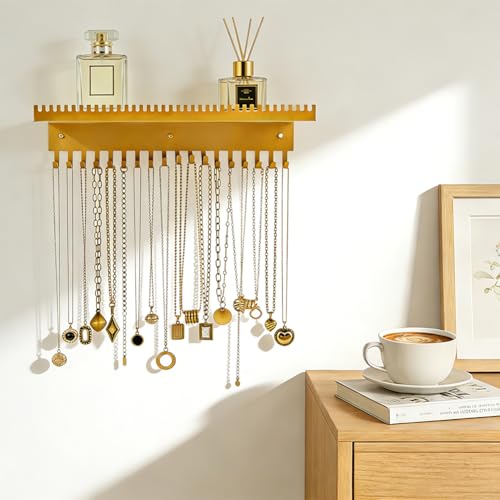 Necklace Holder Hanging Jewelry Organizer, Necklace Display Hanger Wall Shelf with Jewelry Hooks, Wall Mounted Jewelrys Organizer Rack for Women Girl (COLOR:Gold)
