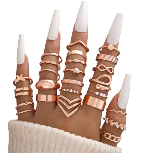 iF YOU 25 Pcs Gold Stackable Ring Set for Women, Chunky Knuckle Finger Midi Rings, Silver Simple Stacking Cute Rings Pack Trendy Stuff Jewelry Gift - style: 25 Rose gold chunky rings