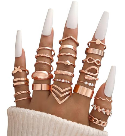 iF YOU 25 Pcs Gold Stackable Ring Set for Women, Chunky Knuckle Finger Midi Rings, Silver Simple Stacking Cute Rings Pack Trendy Stuff Jewelry Gift - style: 25 Rose gold chunky rings