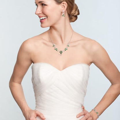 Crysdue Flower Leaf Wedding Jewelry Set for Bridal Bridemaid, Cubic Zirconia Teardrop Elegant Silver/14K/Rose Gold Plated Vine Necklace Dangle Earrings for Prom Party - style: B_Three Set Green