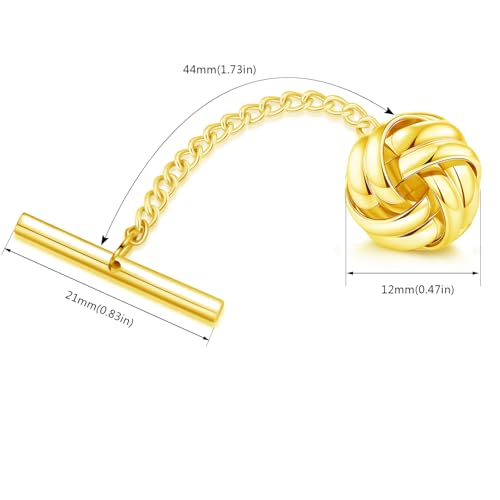 HONEY BEAR Knot Twisted Tie Tack with Chain for Men Necktie Accessory Gift | Tarnish-Resistant Tie Pin, Copper Base with Steel Plating, Secure Locking Clasp, Elegantly Gift Boxed - color: Shinny Gold