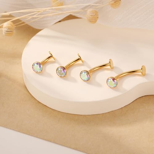 G23 Titanium Belly Jewelry 14G Flat Bottom Floating Belly Button Rings Curved Belly Barbell Navel Ring Belly Piercing 8/10/12/14mm Navel Rings Belly Piercings Jewelry for Women - color: Style1:Gold+AB CZ