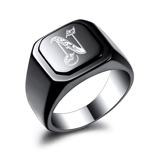 Initial Ring Letter Signet Ring for Men Women Personalized Name Engraved Stainless Steel Fashion Jewelry Wedding Couples Father Day Gift with Ring Size Adjusters - color: B1: Black (Initial Royal)