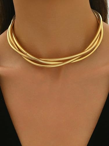 Gold Snake Chain Knot Choker for Women Double Strand Twisted Herringbone Pendant Necklace Fashion Jewelry Accessory - color: Layered Snake Chain Statement Choker
