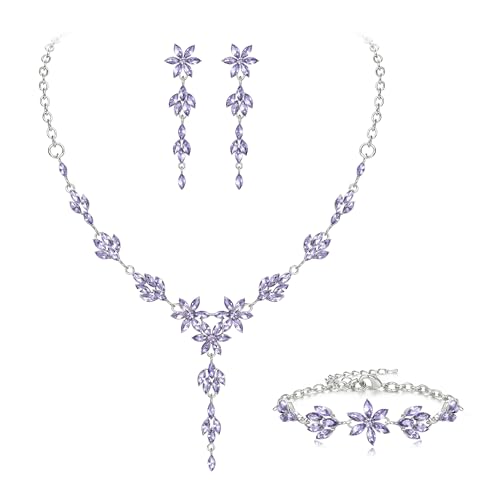 EVER FAITH Crystal Flower Wedding Prom Jewelry Set for Bride Bridesmaid | Rhinestone Costume Party Y-Shaped Necklace Dangle Earrings Bracelet, for Women - color: Light Purple Silver-Tone