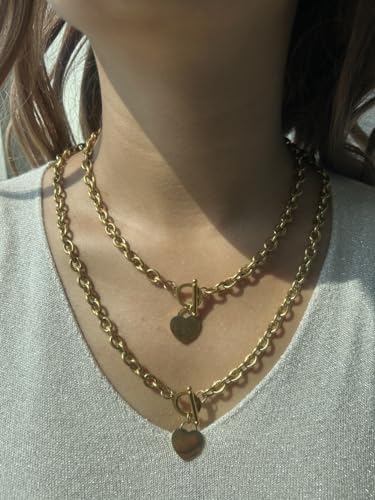 WangGao Elegent Love Stainless Steel Link Chain Blank Heart Charms Necklace for Women Toggle Clasp Closure - color: Gold, size: 19.6inches