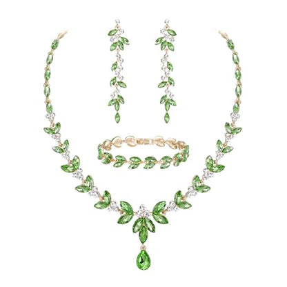 EVER FAITH Marquise Crystal Leaf Bridal Prom Jewelry Set for Women Bride | Rhinestone Wedding Party Necklace Dangle Earrings Tennis Bracelet, for Bridesmaid - color: Light Green Gold-Plated-Base
