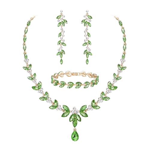 EVER FAITH Marquise Crystal Leaf Bridal Prom Jewelry Set for Women Bride | Rhinestone Wedding Party Necklace Dangle Earrings Tennis Bracelet, for Bridesmaid - color: Light Green Gold-Plated-Base