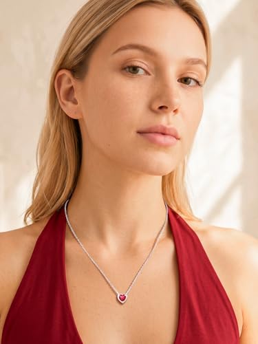 Silvora Heart/Round Birthstone Necklace for Women, Sparkling Crystal Pendant, Dainty Birth Month Jewelry, Adjustable 16"+2" Chain - color: Silver, style: July Heart