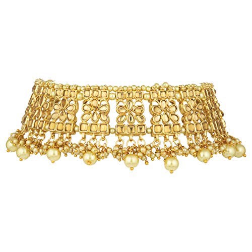 Aheli Elegant Indian Faux Kundan Studded Choker Necklace with Maang Tikka Set Ethnic Wedding Wear Bharatanatyam jewellery set Gift for Women - color: Champagne
