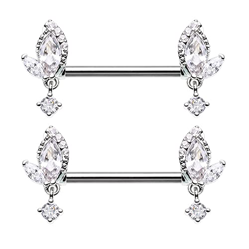 Pierced Owl 14GA Stainless Steel CZ Crystal Leaf with Dangling Gem Nipple Barbells, Sold as a Pair - style: Silver Tone