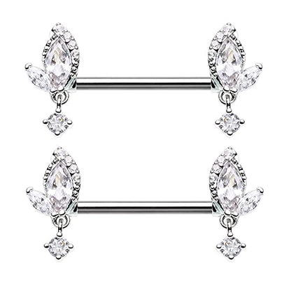 Pierced Owl 14GA Stainless Steel CZ Crystal Leaf with Dangling Gem Nipple Barbells, Sold as a Pair - style: Silver Tone