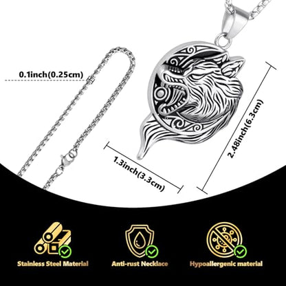 Stainless Steel Gothic Y2K Punk Rock Emo Biker Pendant Necklace | Cosplay Vintage Viking Alt Edgy Fashion Charm Necklace Jewelry for Men Women Active Daily Wear - style: Wolf Head Moon Medallion Silver
