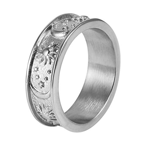 HZMAN 8mm Moon Star Sun Statement Ring Stainless Steel Boho Jewelry for Women Men - color: Steel Color