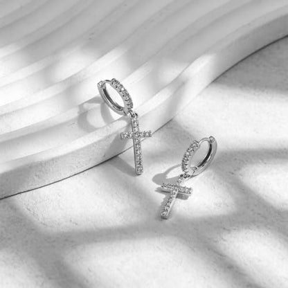 NEWITIN CZ Cross Earrings for Men Women 14K Gold Plated Huggie Hoop Earring | Hypoallergenic, 5A+ Cubic Zirconia, Cartilage Earring, Sensitive Ears, Silver Gold, Men Hoops Dangling, Cross Diamond Earring - color: Silver B