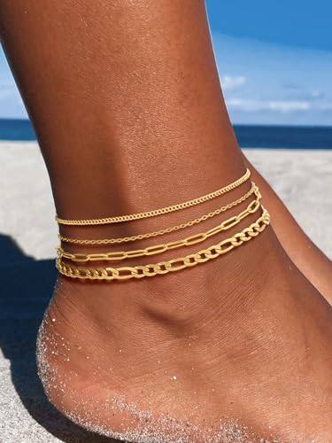 U7 2Pcs/3Pcs Ankle Bracelets for Women, Stainless Steel Cuban Link/Figaro/Rope/Heart Chain Anklets Sets,Waterproof Layered Anklets Adjustable 8.5"-10.5" - color: 05.4Pcs Style A-Gold