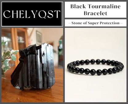 Carnelian Bracelet - Stone of Luck,Stretch Natural Stone Crystal Beads Jewelry Gifts for Women Men Unisex - color: Black Tourmaline-Super Protection, size: 6mm