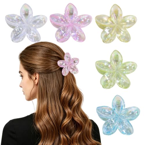 5 Pack Flower Hair Claw Clips for Women Hawaiian Plumeria Claw Clip (Laser) | Strong Hold Nonslip Large Hair Clip for Beach Holiday Thick Thin Hair Accessories - color: Laser