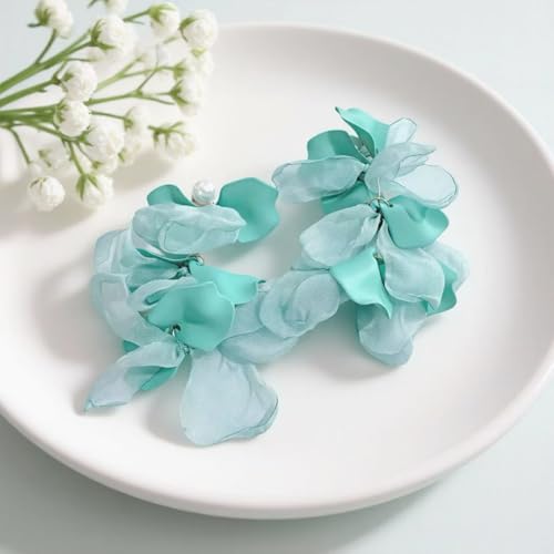 Handmade Bohemian Lightweight Fabric Flower Dangle Drop Earrings Chic Pearl Large Tassel Petal Stud Earrings For Women - color: Light Blue