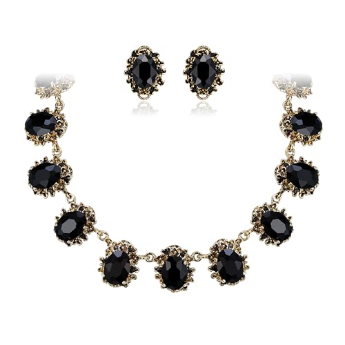 BriLove Victorian Style Statement Necklace Pierced Earrings Jewelry Set for Women Crystal Floral Cameo Inspired Oval Jewellery for Party Prom - color: Black Antique-Gold-Plated-Base