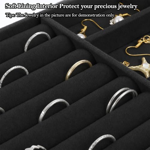 Jewelry Box Insert Organizer for Drawer, Stackable Trays Velvet Jewelry Drawer Inserts, Ring Earring Stud Necklace Holder Display Storage Case(Black, 8.3 x 4.9in) - color: Black