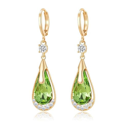 Trendy Austrian Crystal Teardrop Drop Huggie Dangle Earrings for Women 14k Rose Gold Plated Hypoallergenic Jewelry Gifts - color: Fern Green