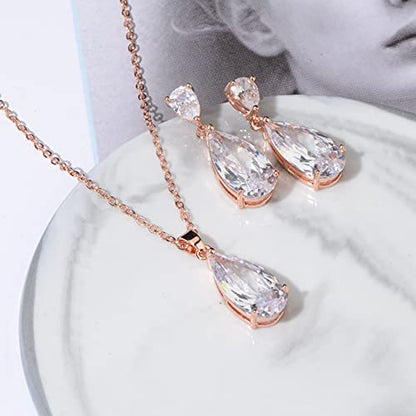 Wedding Jewelry Set for Bridesmaids - Sterling Silver Teardrop CZ Crystal Cubic Zirconia Rhinestone Diamond Bridal Necklace Earrings Set for Bride Mother of Bride Party Prom Birthstone Costume Jewelry - color: 14k rose gold plated
