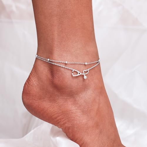 CHIC & ARTSY 925 Sterling Silver Ankle Bracelets for Women, Adjustable Layered Foot Chains with Nature & Symbol Charms, Lightweight Comfort Fit Boho Beach Everyday Jewelry - color: Stethoscope/silver