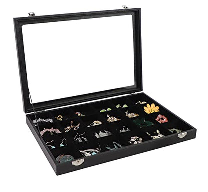 Wudygirl Earring Organizer Leather Jewelry Tray with Lid 13.7"x9.4" Black | 24 Grid Jewelry Organizer with Velvet Liner, Ideal for Jewelry Storage, Dresser Drawer or Gift, Dustproof Design - style: 24 Grid Tray