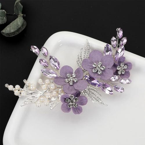 Wedding Hair Clips, Crystal Hair Pins Pearl Rhinestone Hair Barrettes, Bridal Flower Hair Pieces Pearl Headpieces Hair Accessories for Women Girls (Purple) - color: Purple